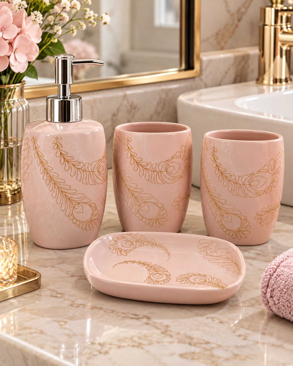 4 Piece Bathroom Accessories Set – Pink & Gold Feather Design
