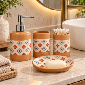 4 Piece Bathroom Accessories Set – Terracotta Orange Floral Design