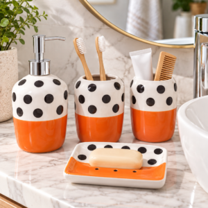 4 Piece Bathroom Accessories Set – Orange & Black Polka Dot Design