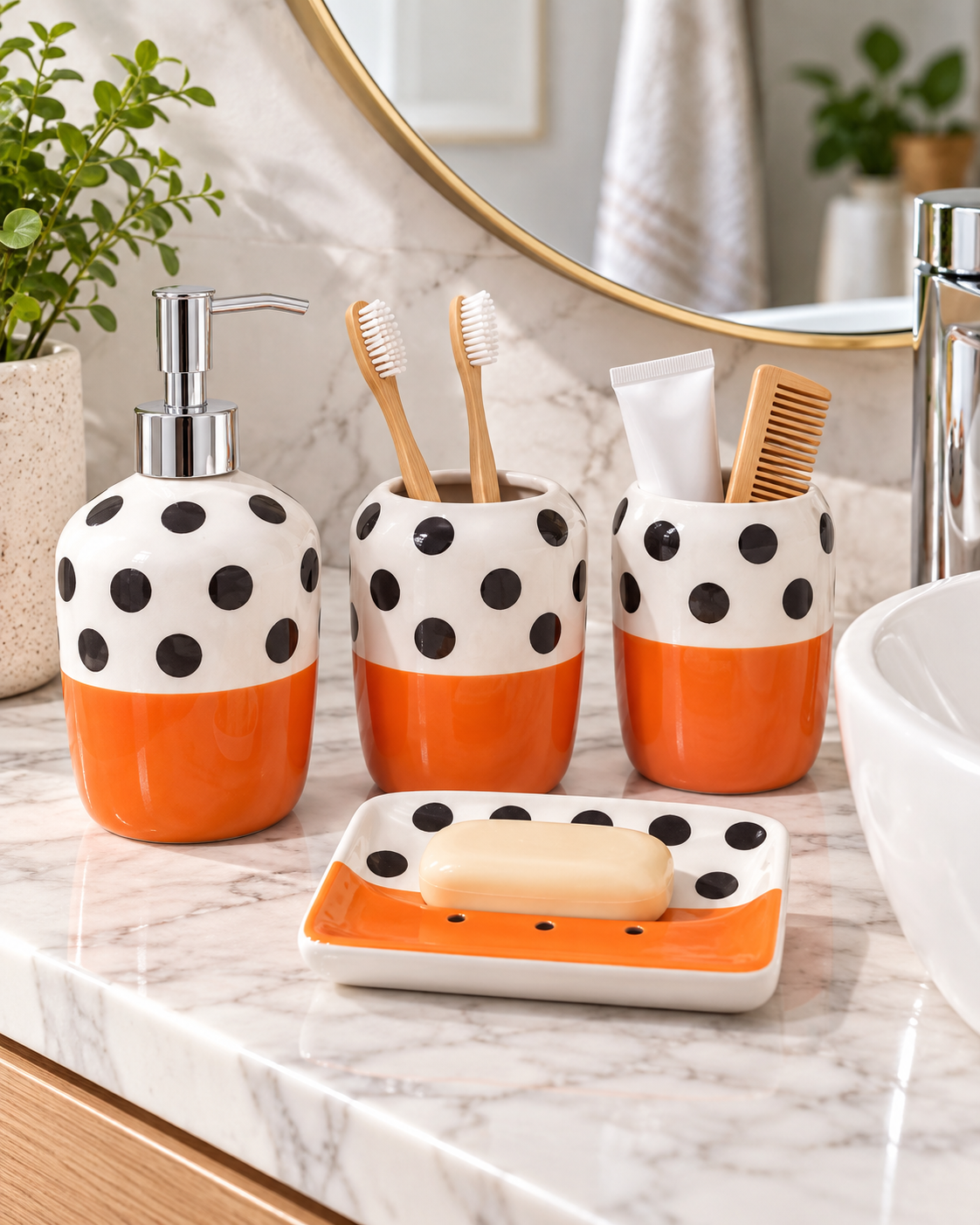 4 Piece Bathroom Accessories Set – Orange & Black Polka Dot Design