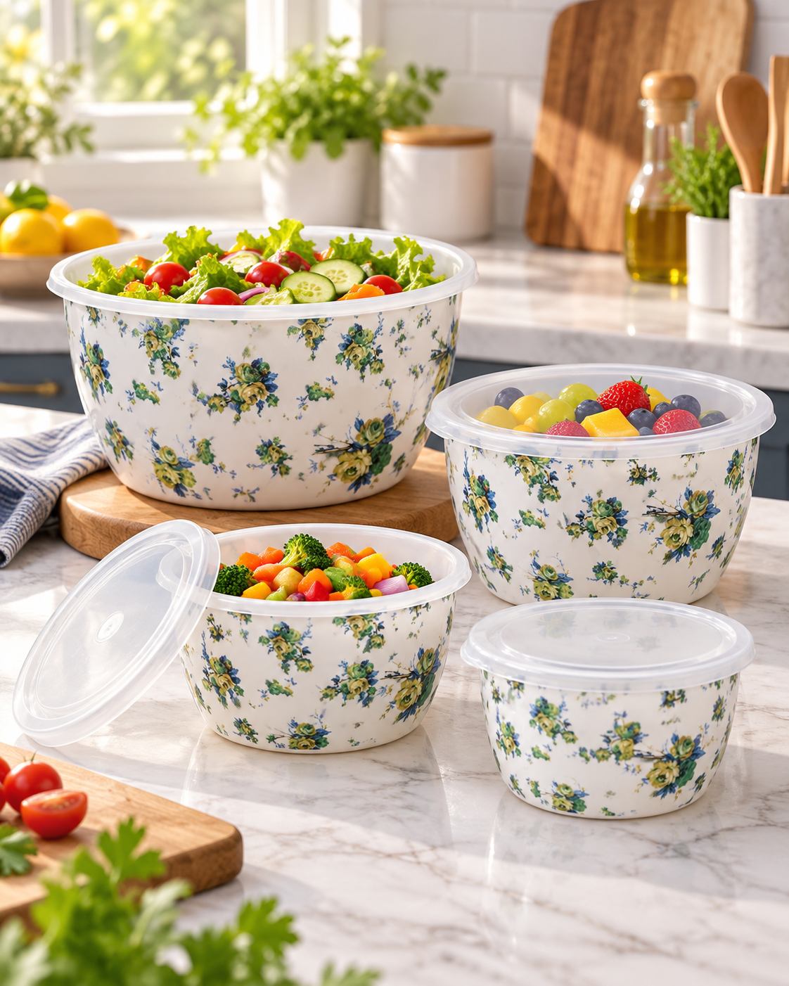 Floral Printed Food Storage Bowl Set with Lids – 4 Designs