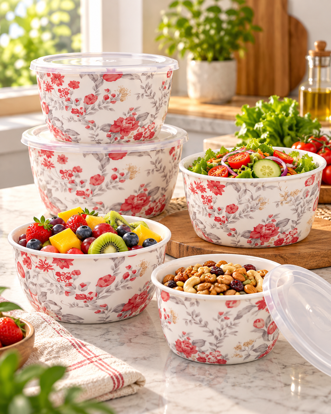 Floral Printed Food Storage Bowl Set with Lids – 4 Designs - Image 2