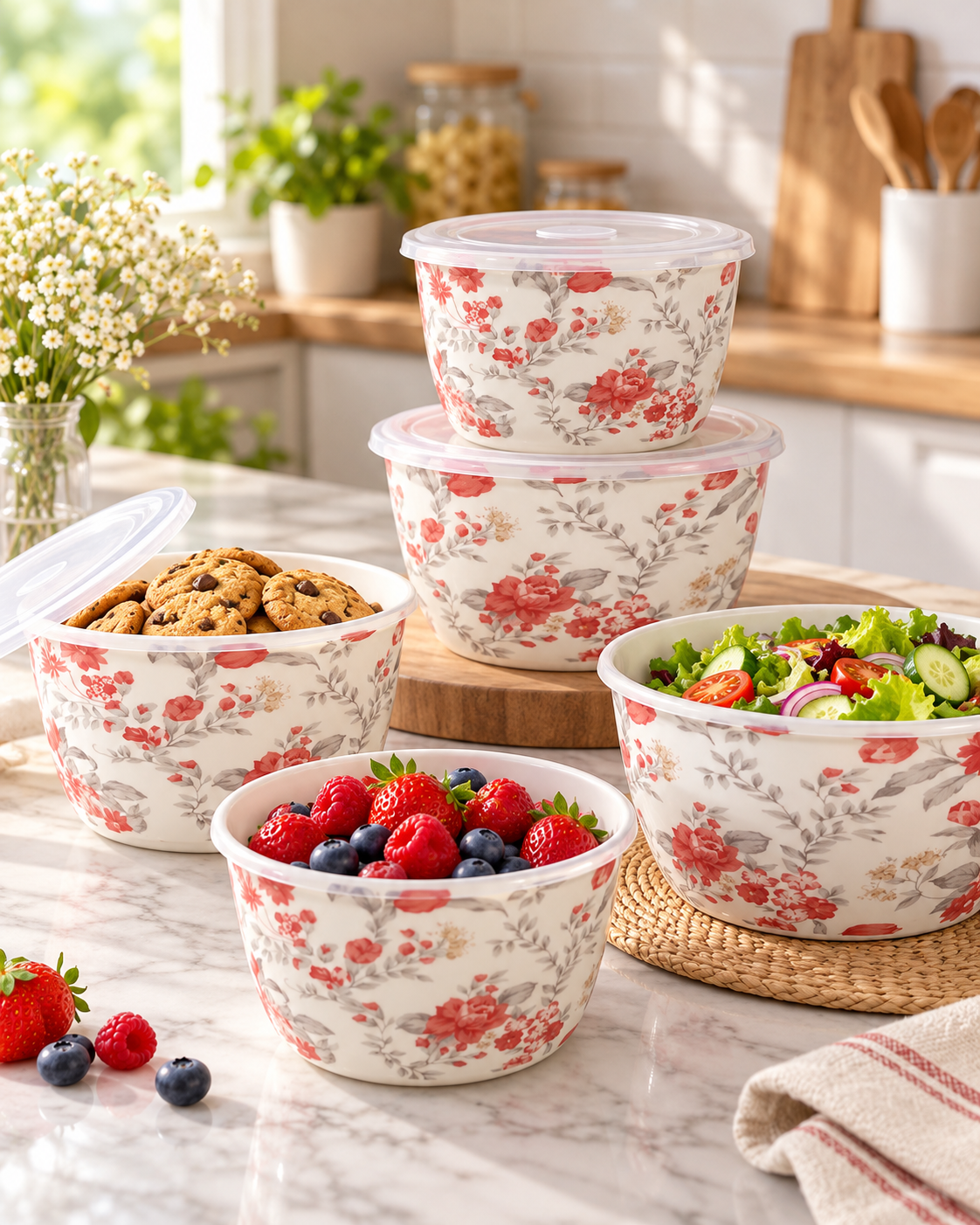 Floral Printed Food Storage Bowl Set with Lids – 4 Designs - Image 3