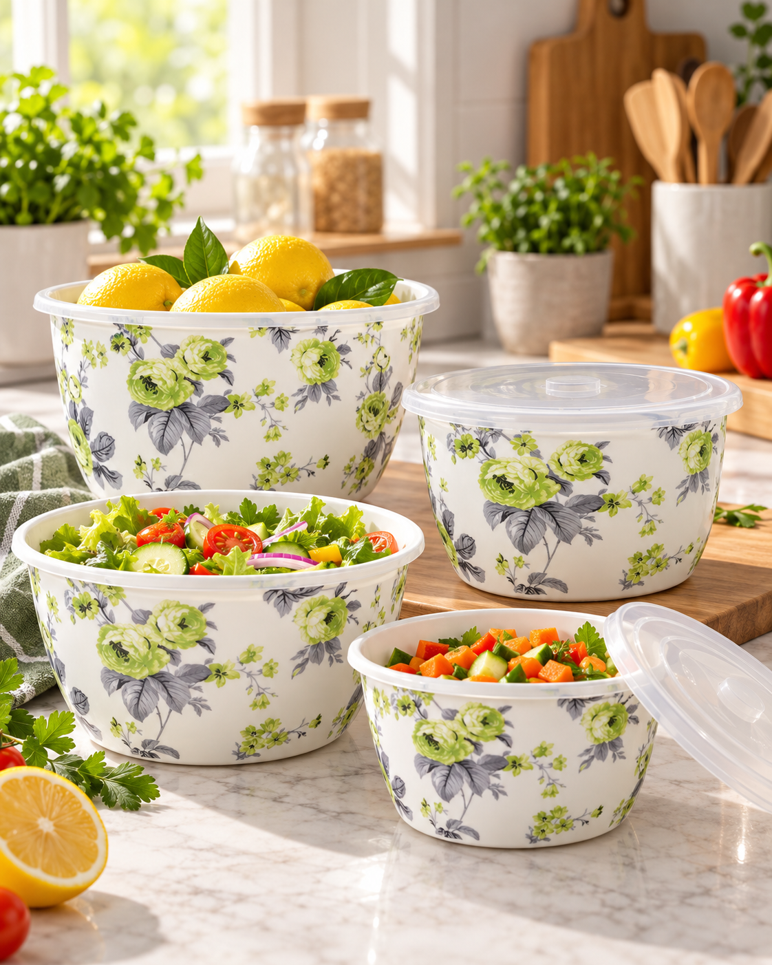 Floral Printed Food Storage Bowl Set with Lids – 4 Designs - Image 4