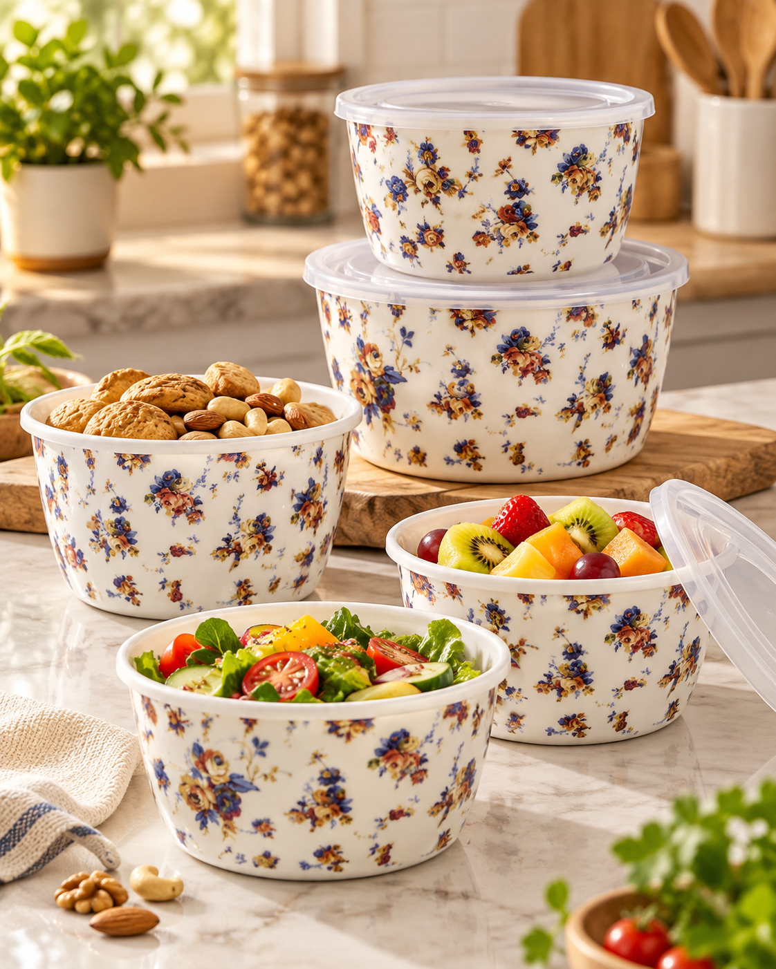 Floral Printed Food Storage Bowl Set with Lids – 4 Designs - Image 6