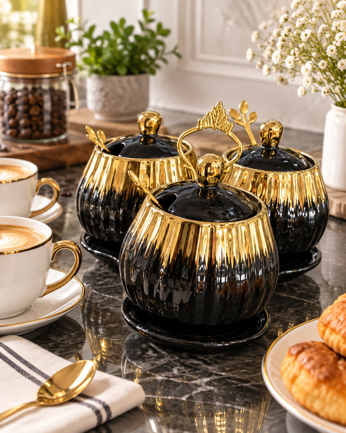 Luxury Sugar Pot Set with Lids – White & Black Gold Design - Image 3