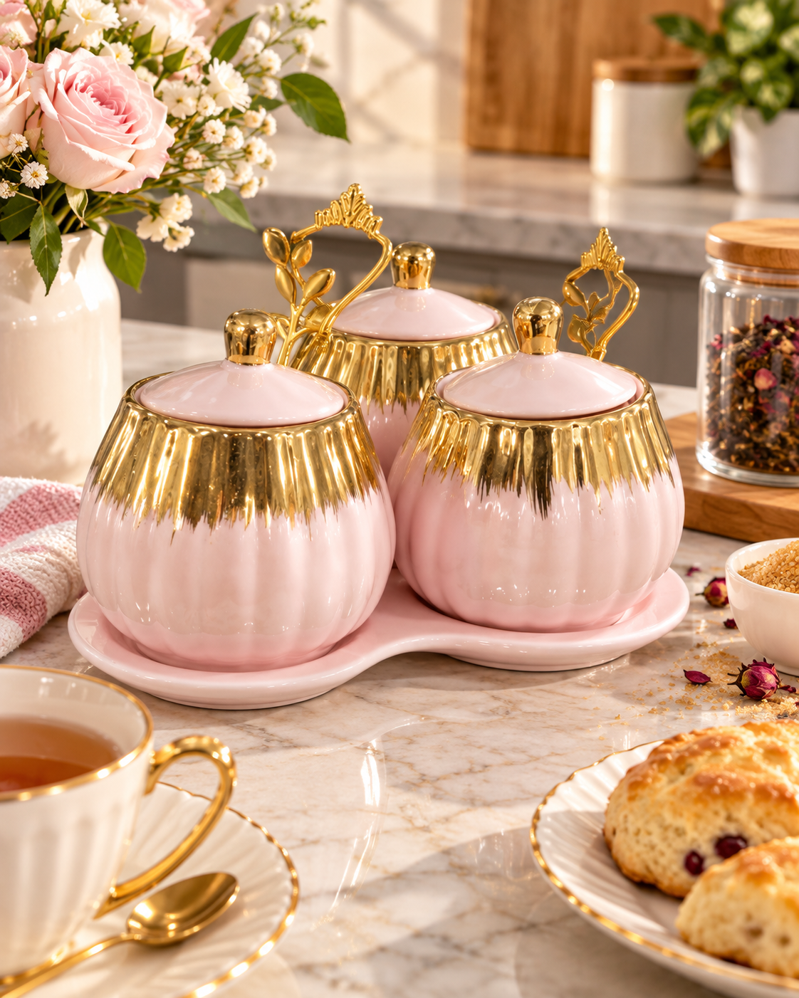 Luxury Sugar Pot Set with Lids – White & Black Gold Design - Image 2
