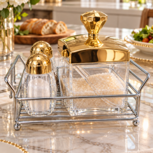 Luxury Sugar Pot & Salt Pepper Set with Tray – Gold, Rose Gold & Silver