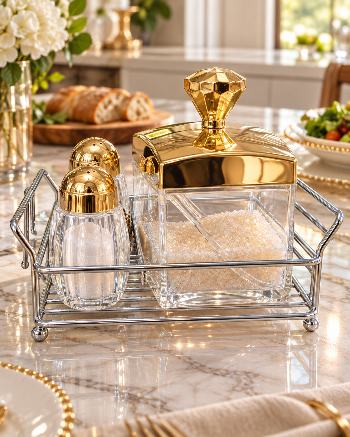 Luxury Sugar Pot & Salt Pepper Set with Tray – Gold, Rose Gold & Silver
