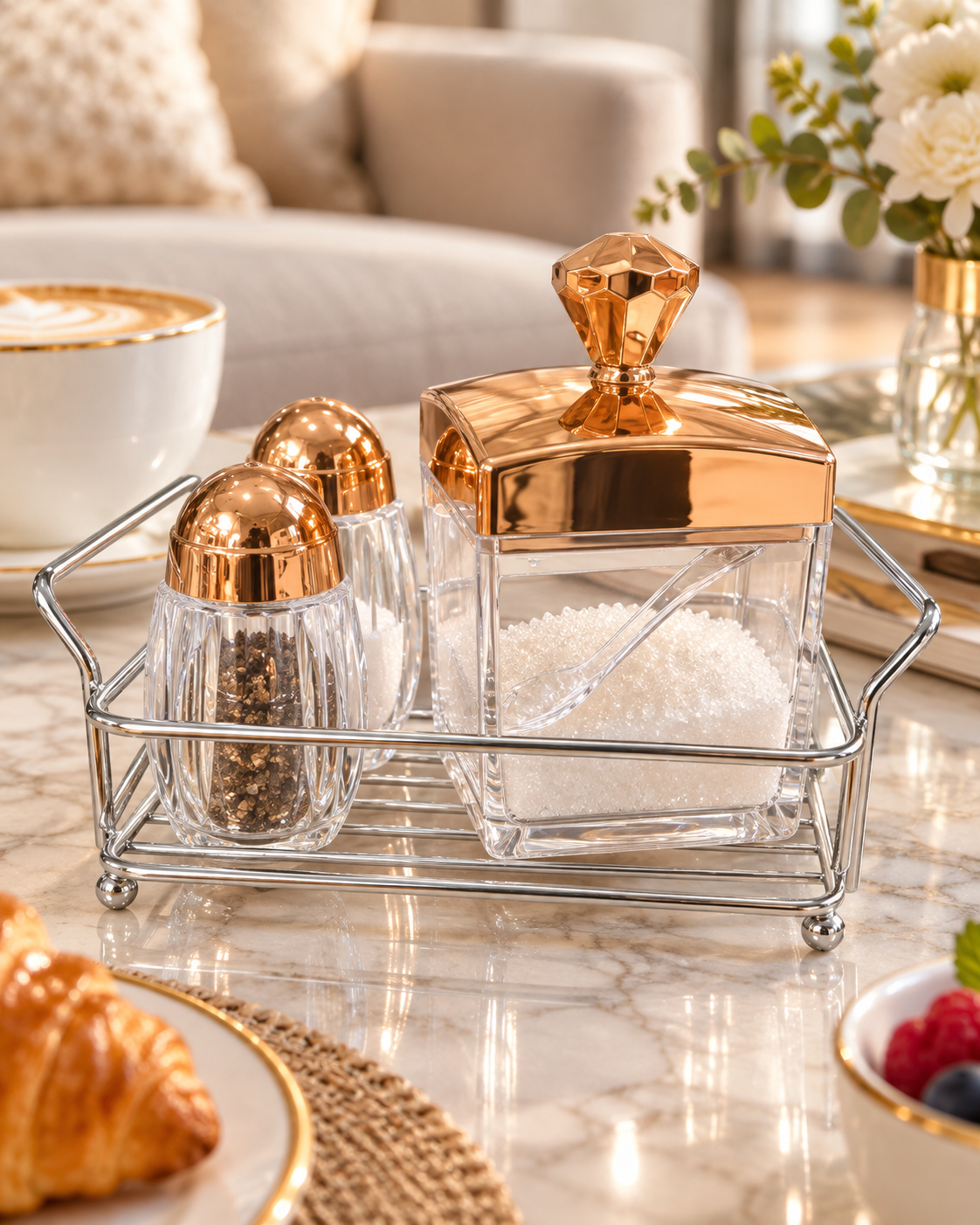 Luxury Sugar Pot & Salt Pepper Set with Tray – Gold, Rose Gold & Silver - Image 3