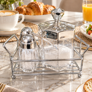 Luxury Sugar Pot & Salt Pepper Set with Tray – Gold, Rose Gold & Silver