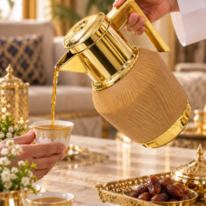 Luxury Arabic Tea & Coffee Flask – Wooden Design with Gold Finish