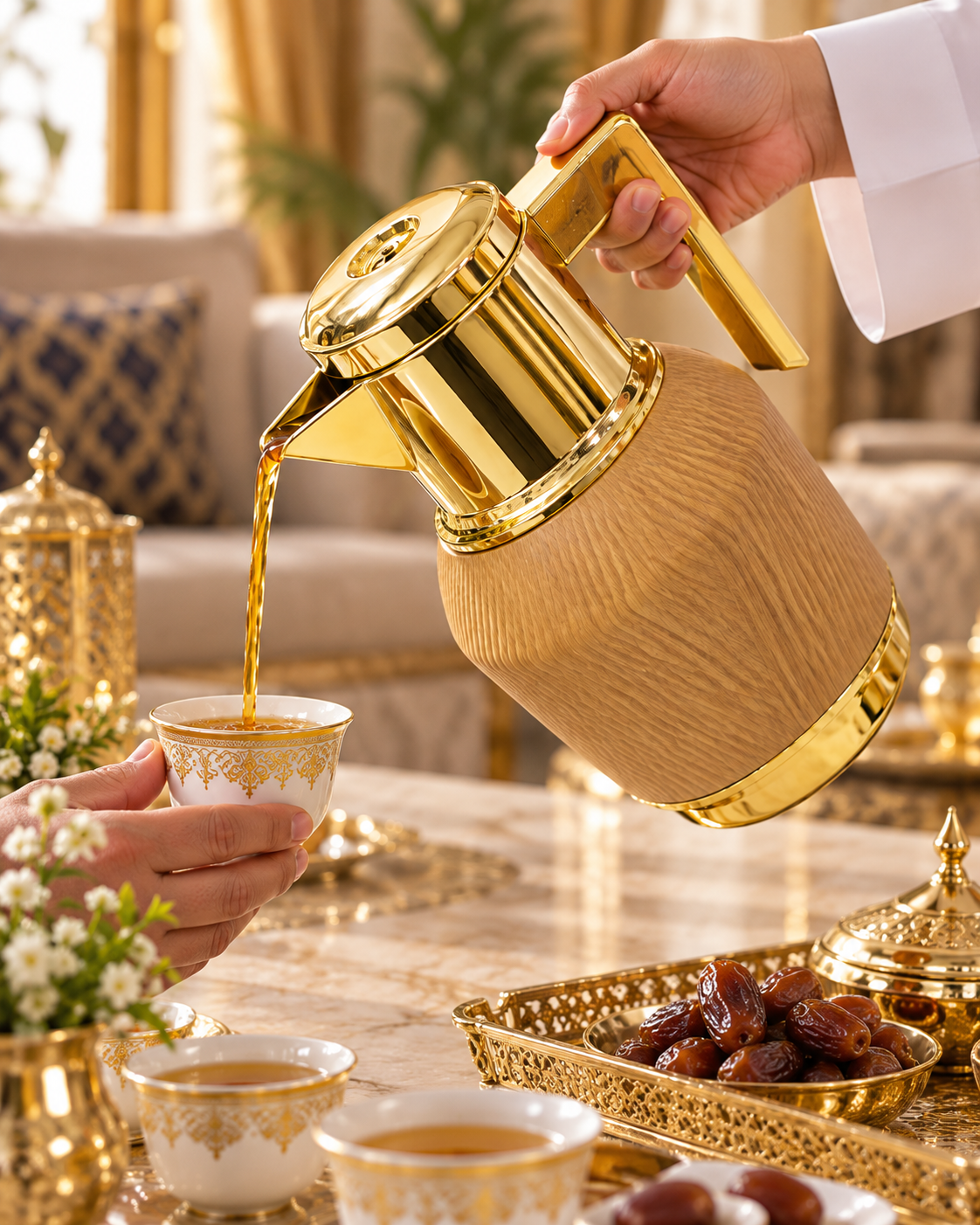 Luxury Arabic Tea & Coffee Flask – Wooden Design with Gold Finish