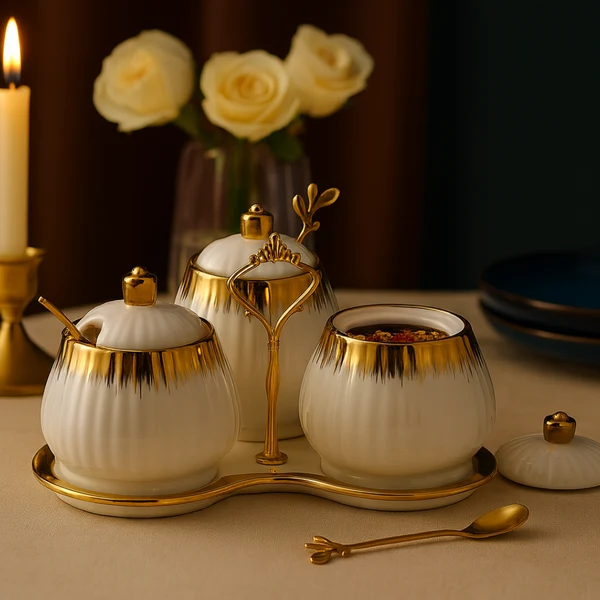 Luxury Sugar Pot Set with Lids – White & Black Gold Design