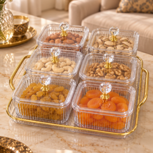 Premium 6 Bowl Dry Fruit Serving Set with Tray & Lids – Round & Square