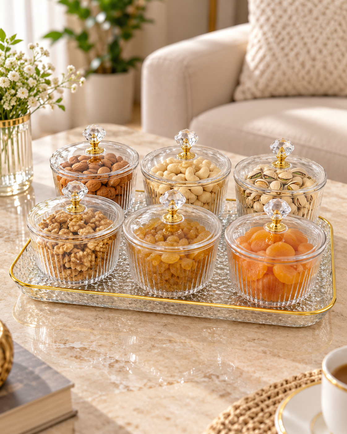 Premium 6 Bowl Dry Fruit Serving Set with Tray & Lids – Round & Square - Image 2
