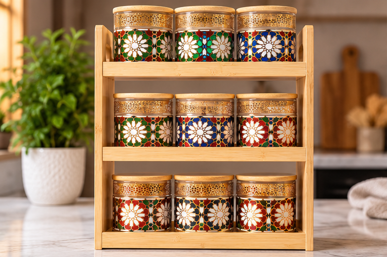 Premium 9 Piece Glass Spice Jar Set with Moroccan Design & 3-Tier Wooden Rack – Luxury Kitchen Masala Organizer - Image 3