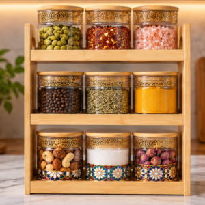 Premium 9 Piece Glass Spice Jar Set with Moroccan Design & 3-Tier Wooden Rack – Luxury Kitchen Masala Organizer