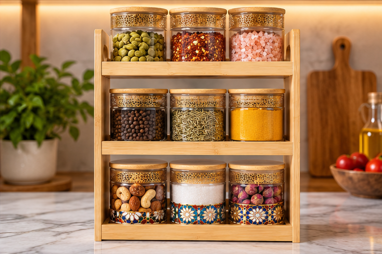 Premium 9 Piece Glass Spice Jar Set with Moroccan Design & 3-Tier Wooden Rack – Luxury Kitchen Masala Organizer