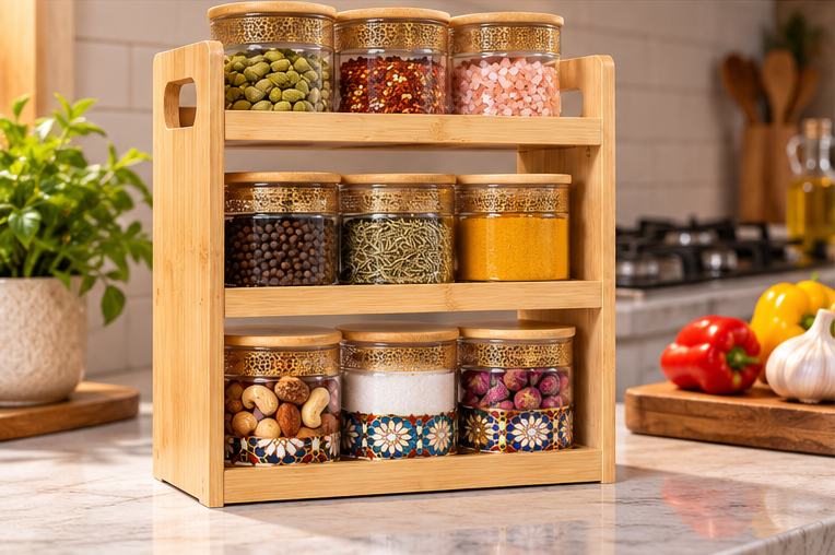 Premium 9 Piece Glass Spice Jar Set with Moroccan Design & 3-Tier Wooden Rack – Luxury Kitchen Masala Organizer - Image 4