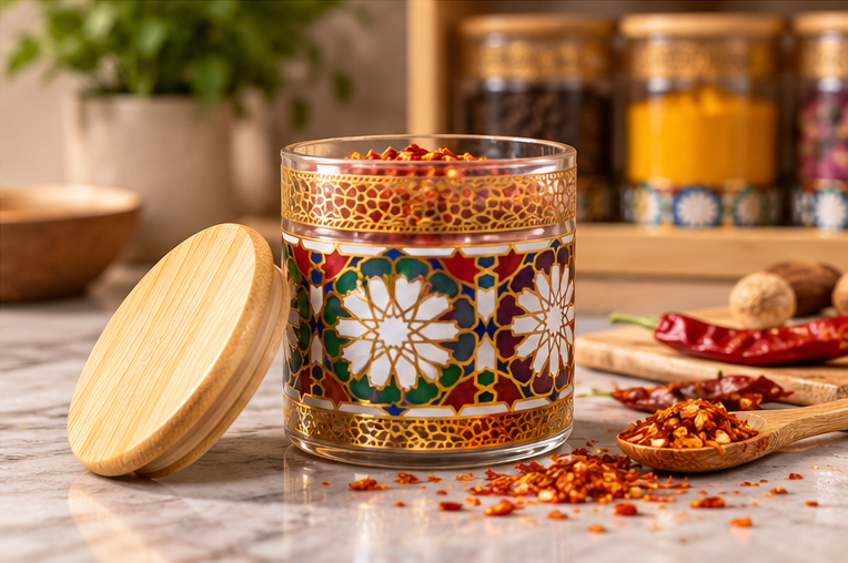 Premium 9 Piece Glass Spice Jar Set with Moroccan Design & 3-Tier Wooden Rack – Luxury Kitchen Masala Organizer - Image 2